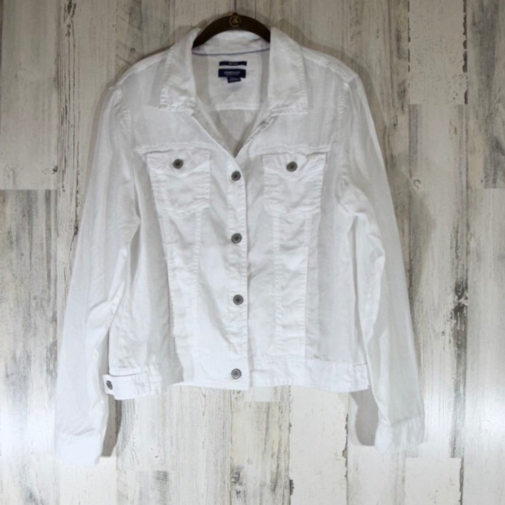 Jones & Co Linen Trucker Jacket XL White Button Up Lightweight Minimalist Beachy